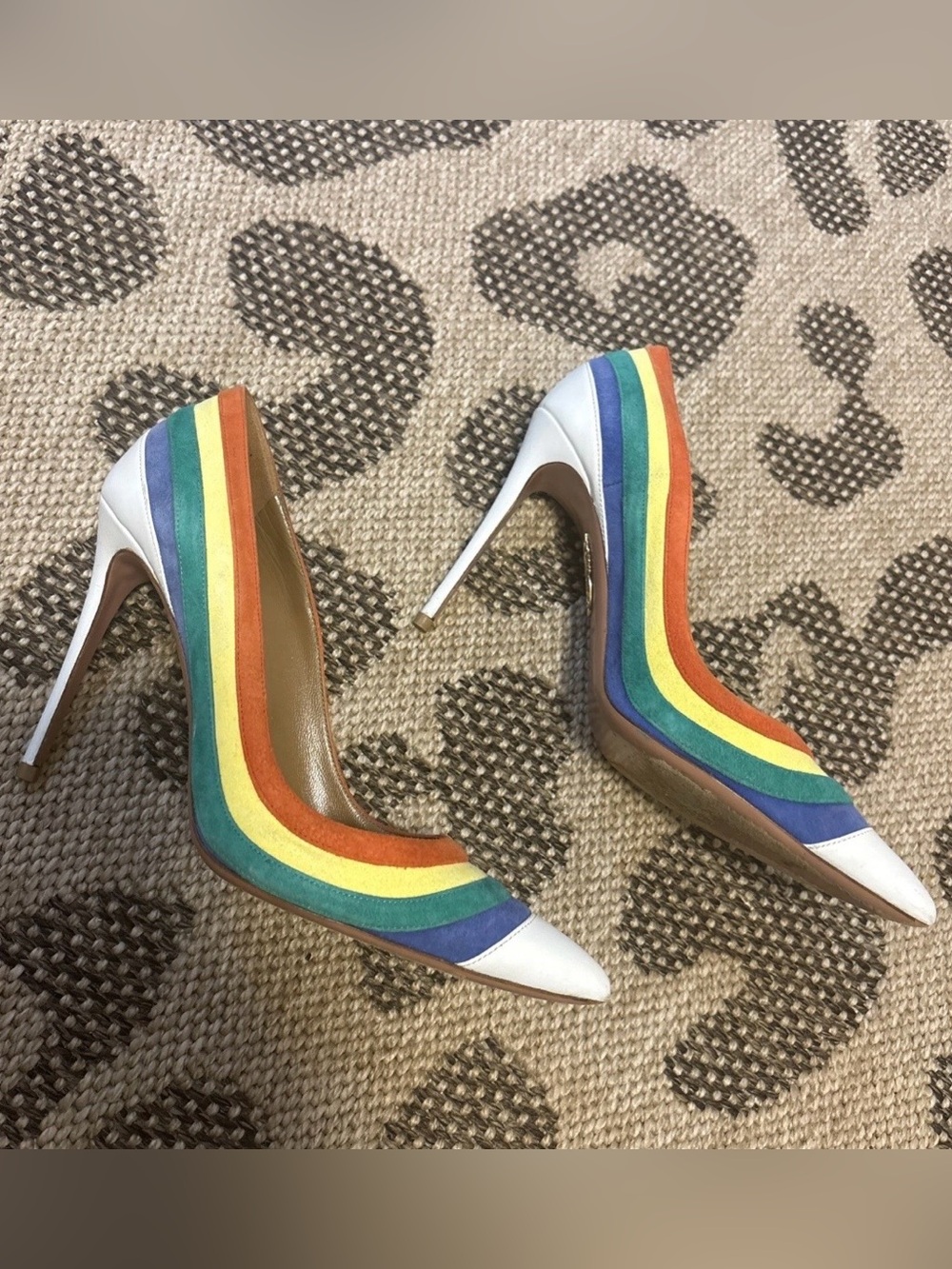 Aquazzura White Pointed-Toe Stiletto Pumps with Rainbow Suede Stripes